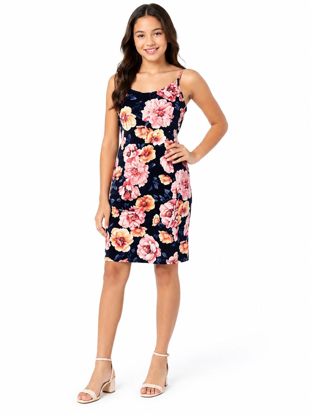 Old Navy Girls Size 12 Navy Pink Floral Spaghetti Strap Sundress Cotton Blend